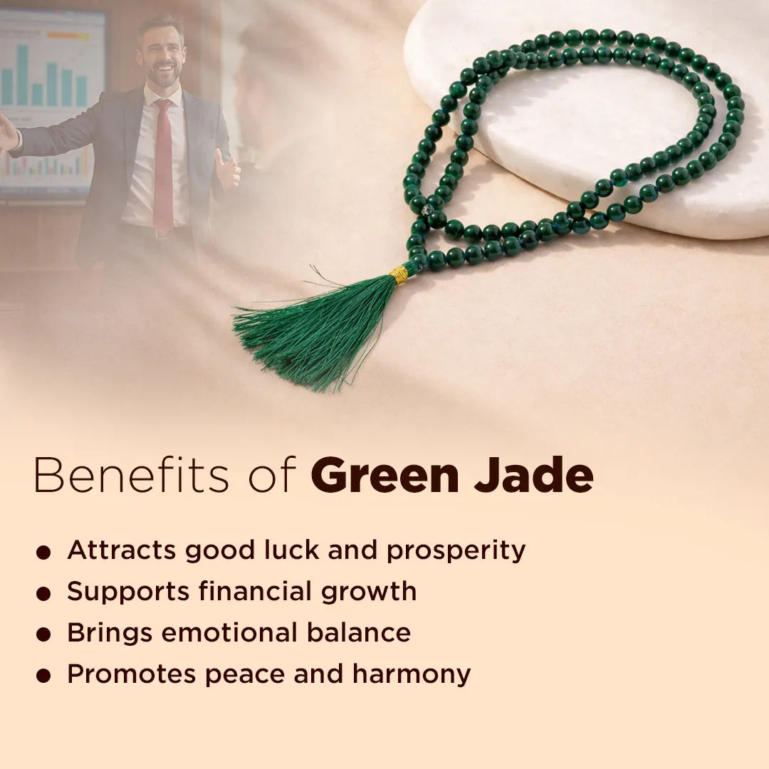 Green jade necklace with tassel on a neutral background, accompanied by text listing benefits.Green Jade Crystal Mala – Good Luck, Prosperity & Harmony Mala