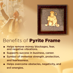 Framed pyrite stone with a motivational scene of a man celebrating, text about pyrite frame benefits.