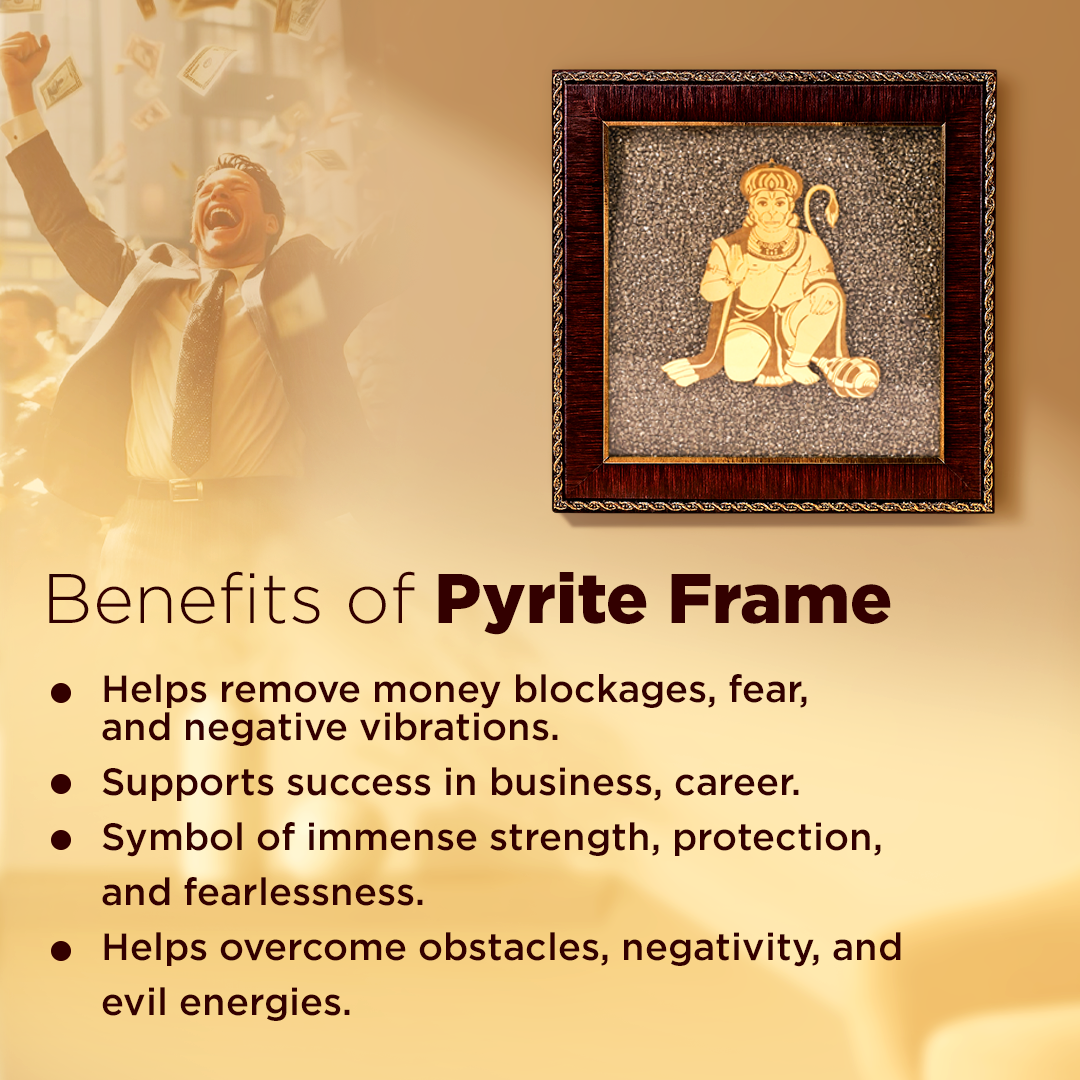 Framed pyrite stone with a motivational scene of a man celebrating, text about pyrite frame benefits.Hanuman Ji Raw Pyrite Frame - Protection & Strength Energy Frame