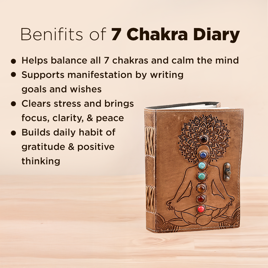 7 Chakra Diary with benefits listed on a beige background