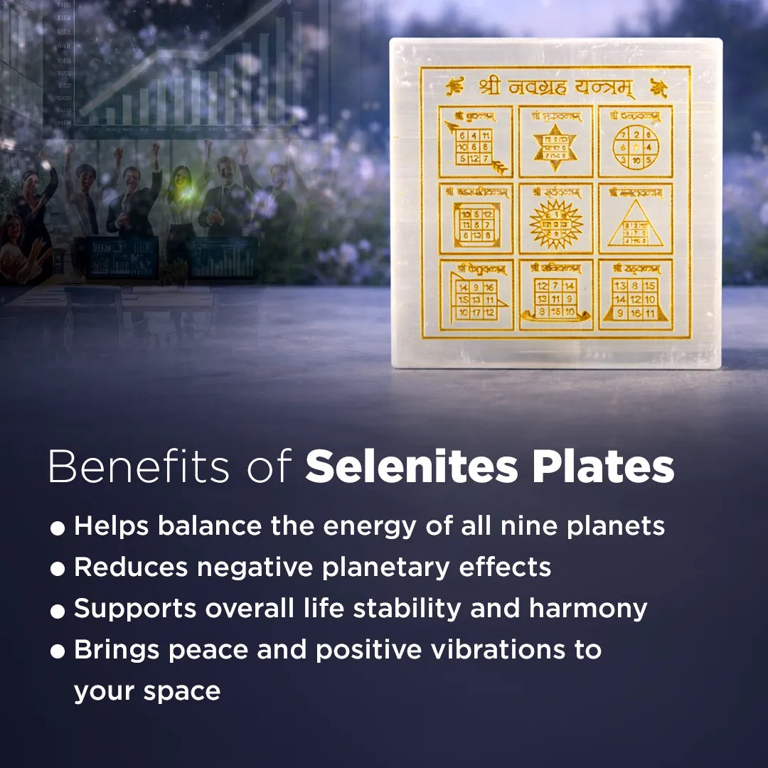 Selenites plates with astrological symbols on a dark backgroundShri Nav Grah Yantra Selenite Plate – Square Sacred Planetary Energy Charging Plate