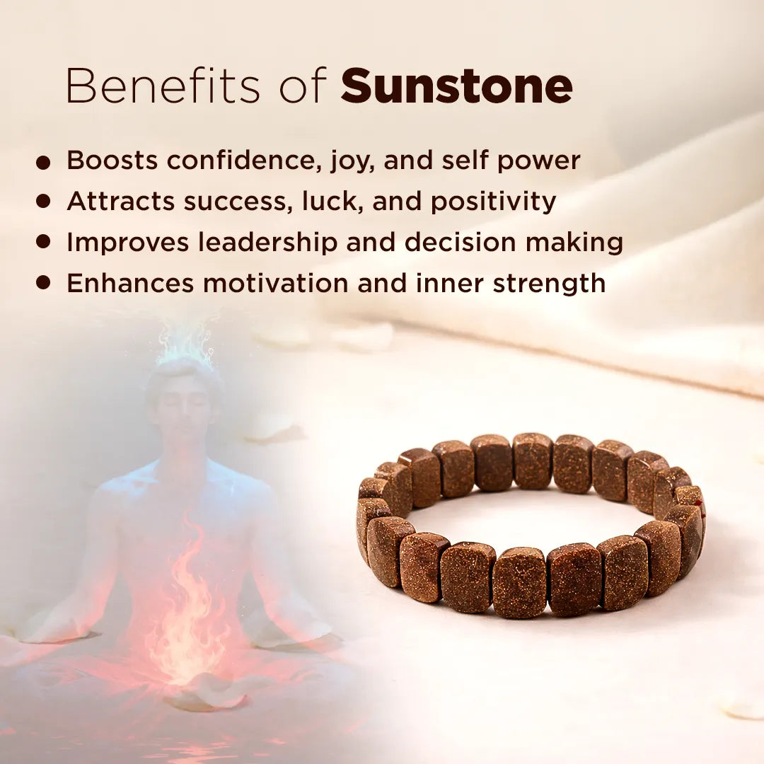 Sunstone bracelet with benefits listed on a soft, blurred background