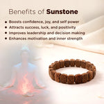 Sunstone bracelet with benefits listed on a soft, blurred background