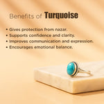 Turquoise ring on a beige surface with text about the benefits of turquoise.