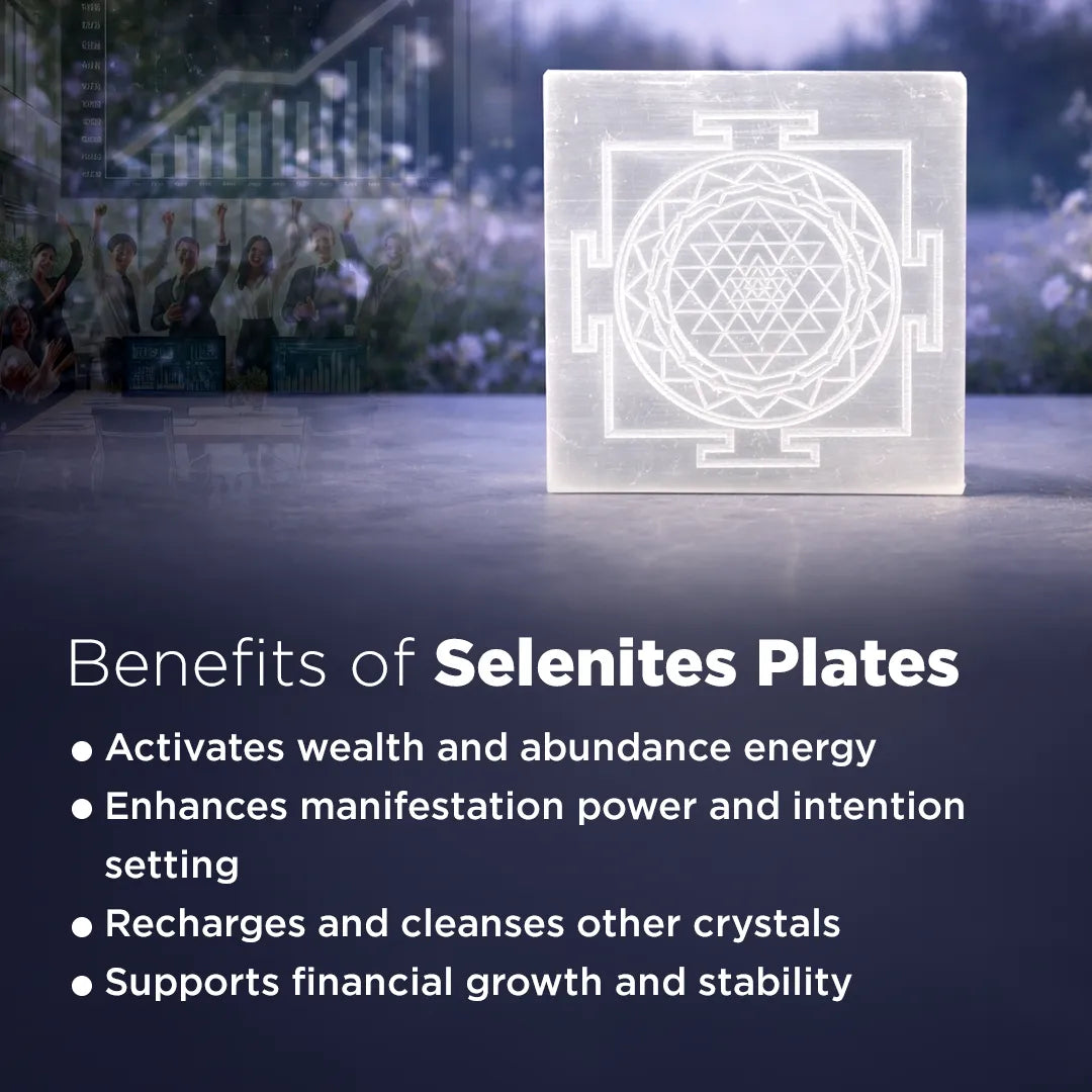 Selenite plate with energy symbol on a blurred background of people and buildings