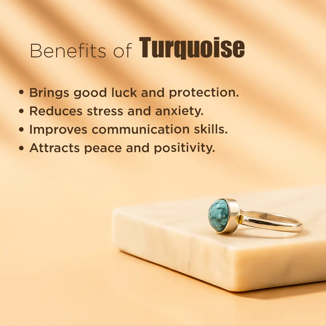 Turquoise ring on a beige surface with text about its benefits on a beige background