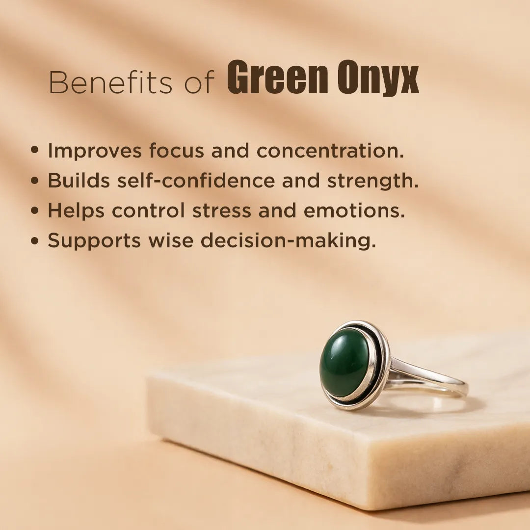Green onyx ring with text listing benefits on a beige background