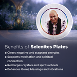 Selenite plate with a person's face on it, surrounded by nature, with text about its benefits.