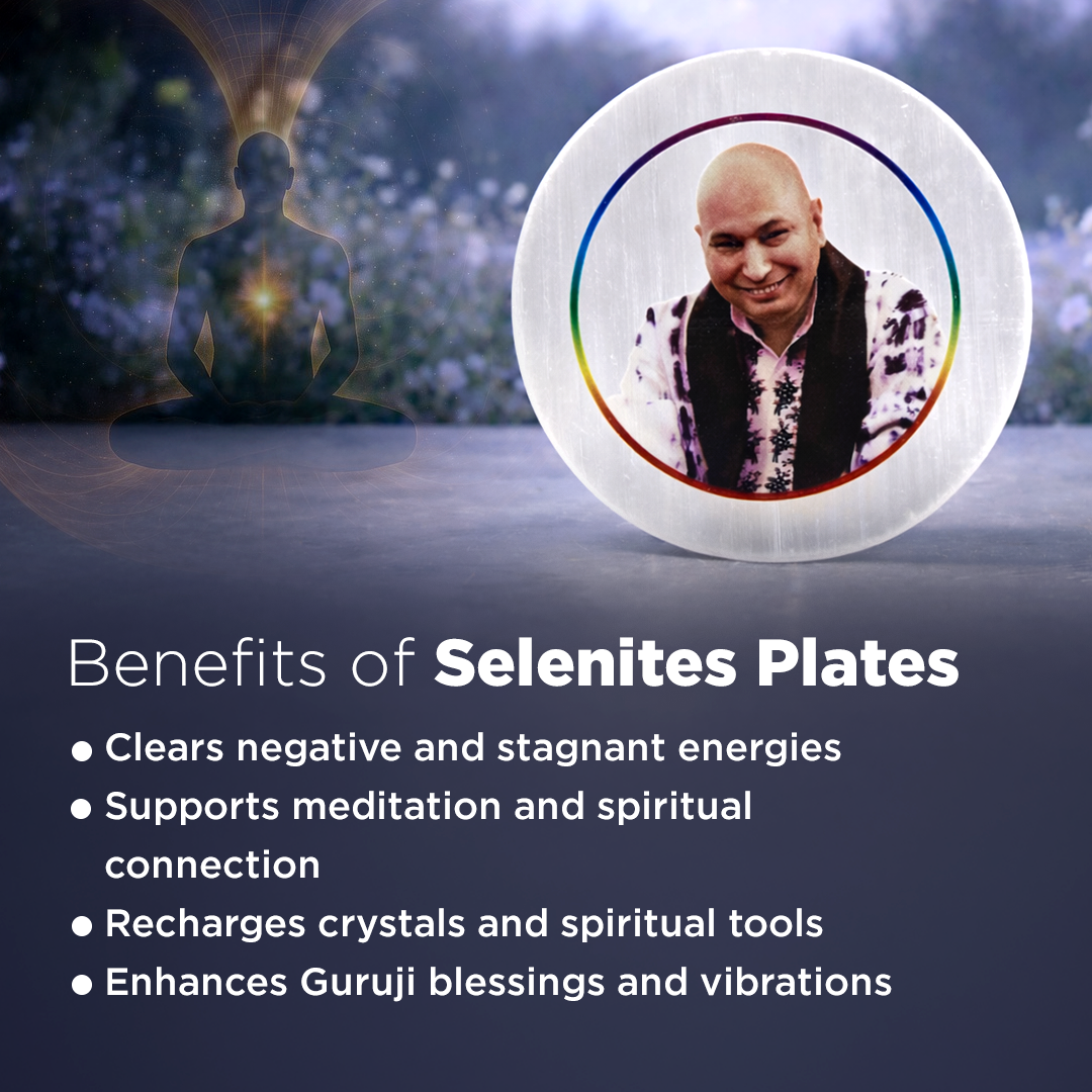 Selenite plate with a person's face on it, surrounded by nature, with text about its benefits.