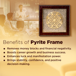 Pyrite frame with decorative design on a blurred office background, featuring text about its benefits.