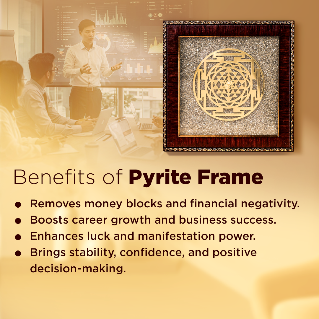 Pyrite frame with decorative design on a blurred office background, featuring text about its benefits.Shri Yantra Raw Pyrite Frame - Wealth & Success Energy Frame