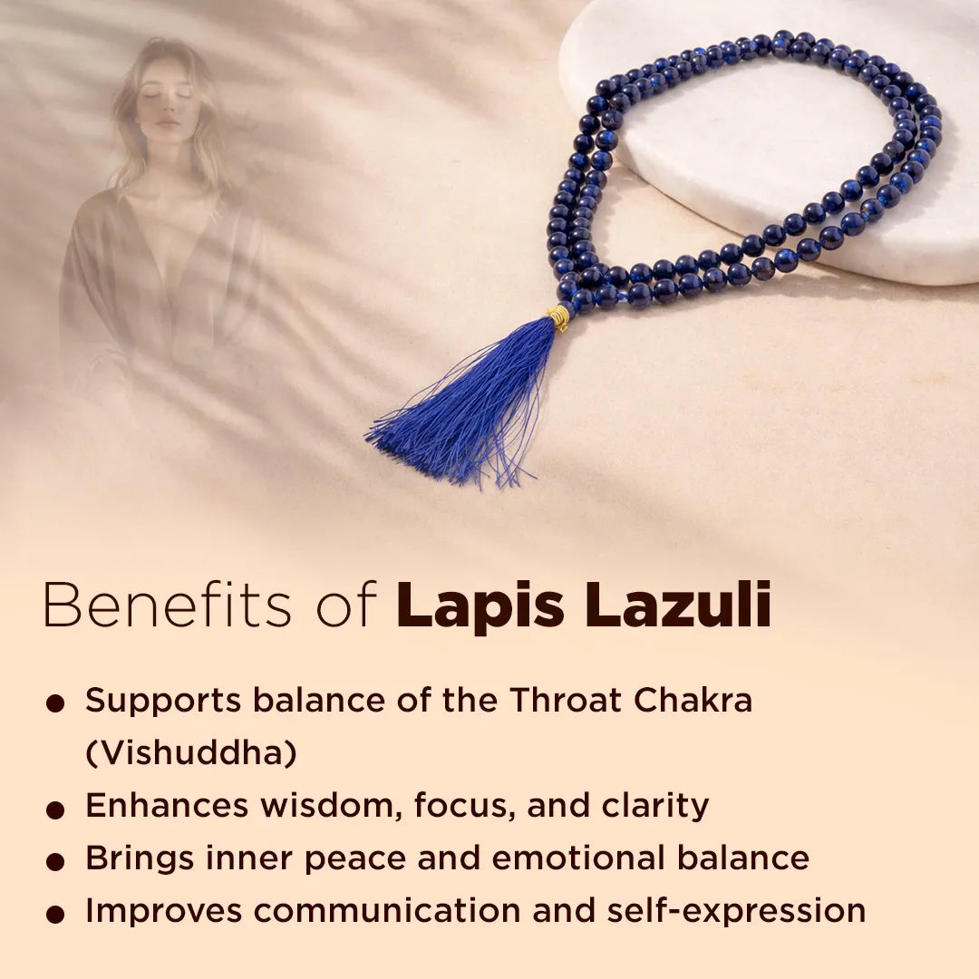 Lapis Lazuli necklace with benefits text on a blurred background