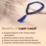 Lapis Lazuli necklace with benefits text on a blurred background