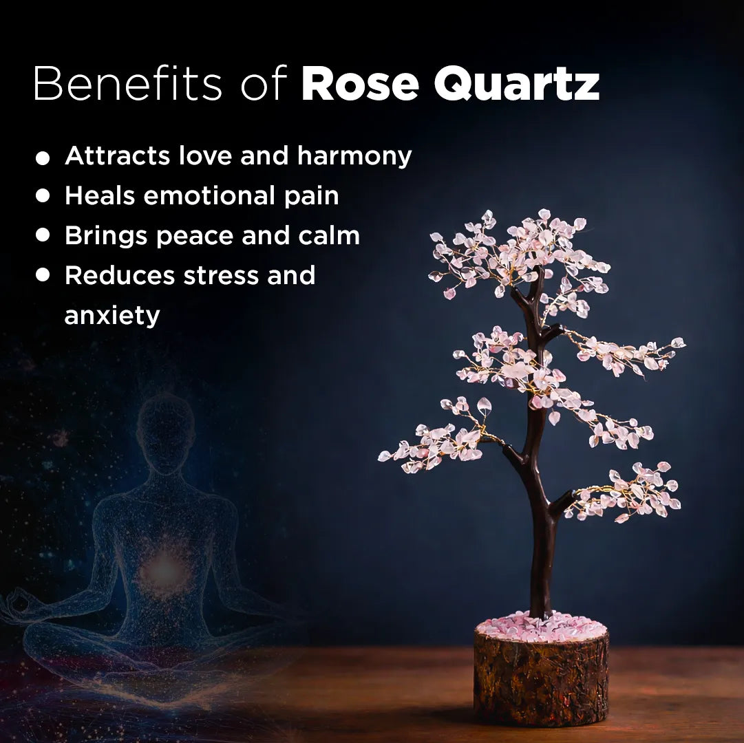 Rose Quartz tree with benefits listed on a dark backgroundRose Quartz Tree : Improve Love, Relationship & Emotional Connection