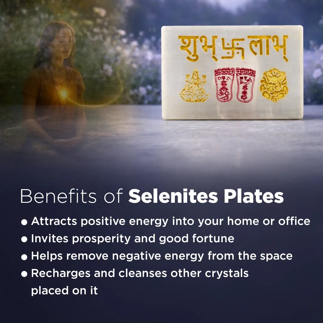 Selenite plate with symbols on a table with a blurred person in the backgroundShubh Labh Selenite Plate – Auspicious Energy Cleansing