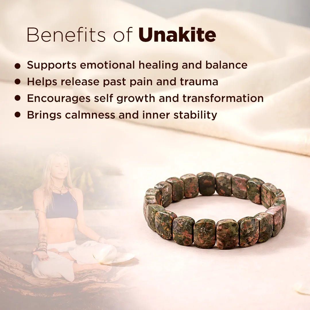 Unakite bracelet with benefits listed on a blurred background of a person meditating.Unakite Emerald Cut Bracelet – Emotional Renewal & Growth Energy Wear