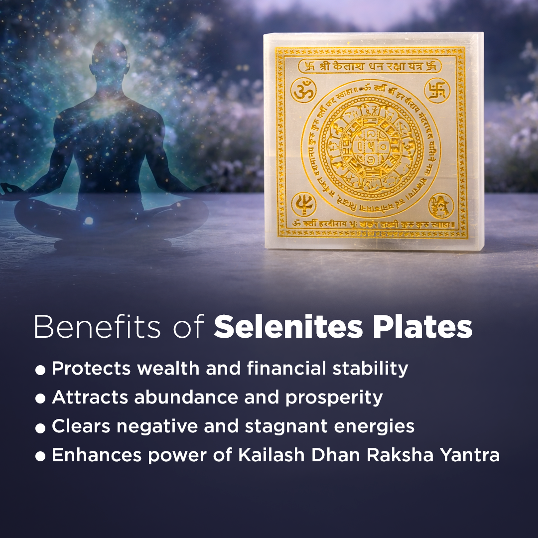 Selenites plates with a silhouette of a person meditating and text about its benefits on a dark background.