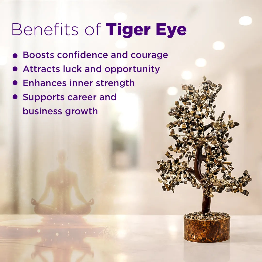 Decorative tree with text on benefits of Tiger Eye against a blurred backgroundTiger Eye Tree – Abhimantrit Crystal Tree for Confidence, Courage