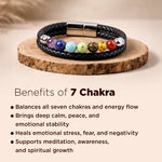 Multicolored beaded bracelet on a wooden stand with text about 7 Chakra benefits.