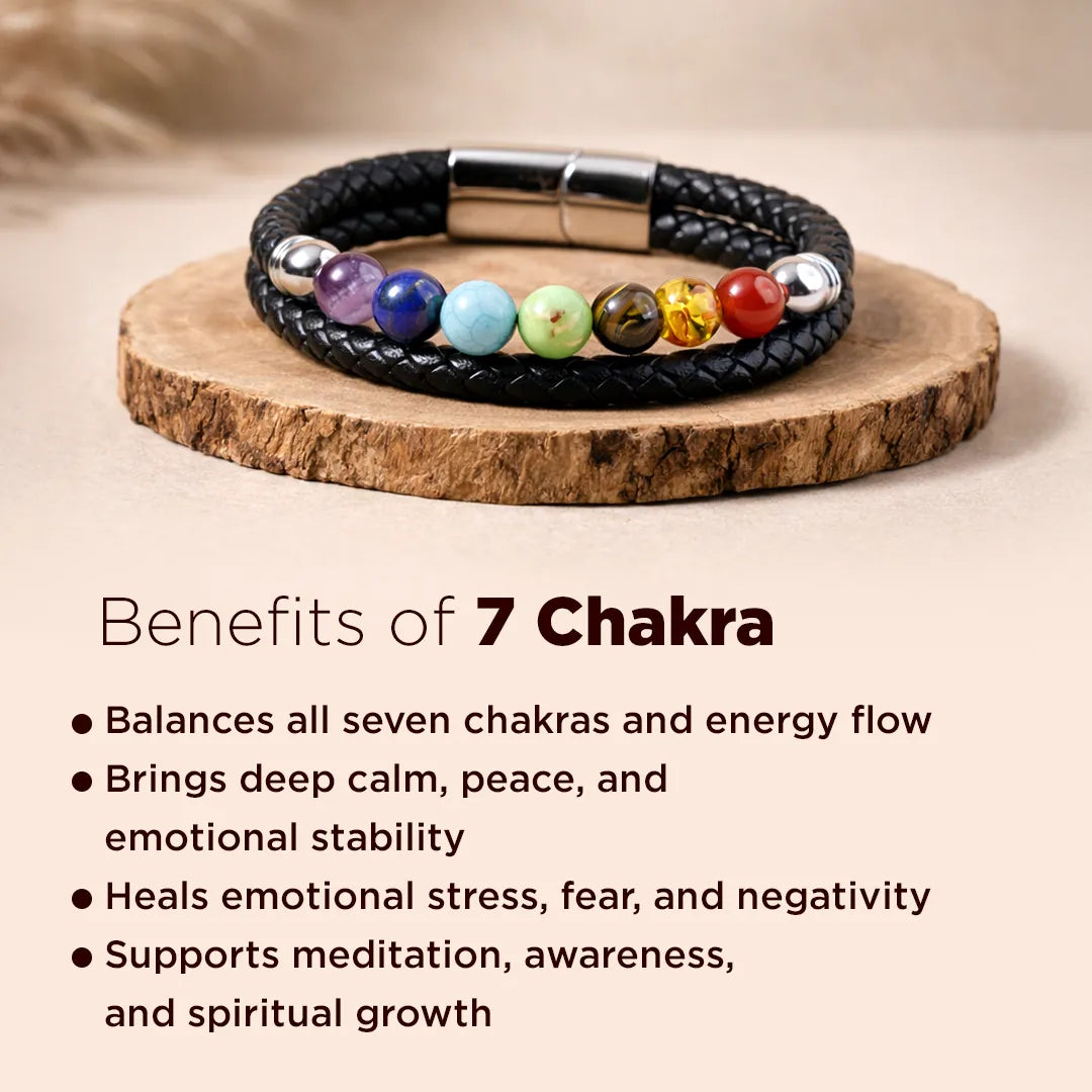 Multicolored beaded bracelet on a wooden stand with text about 7 Chakra benefits.7 Chakra Leather Bracelet – Complete Energy Balance & Alignment Wear