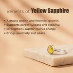 Yellow sapphire ring on a marble base with text about its benefits.