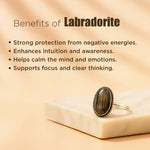 Labradorite ring on a beige stone with text listing benefits of Labradorite.