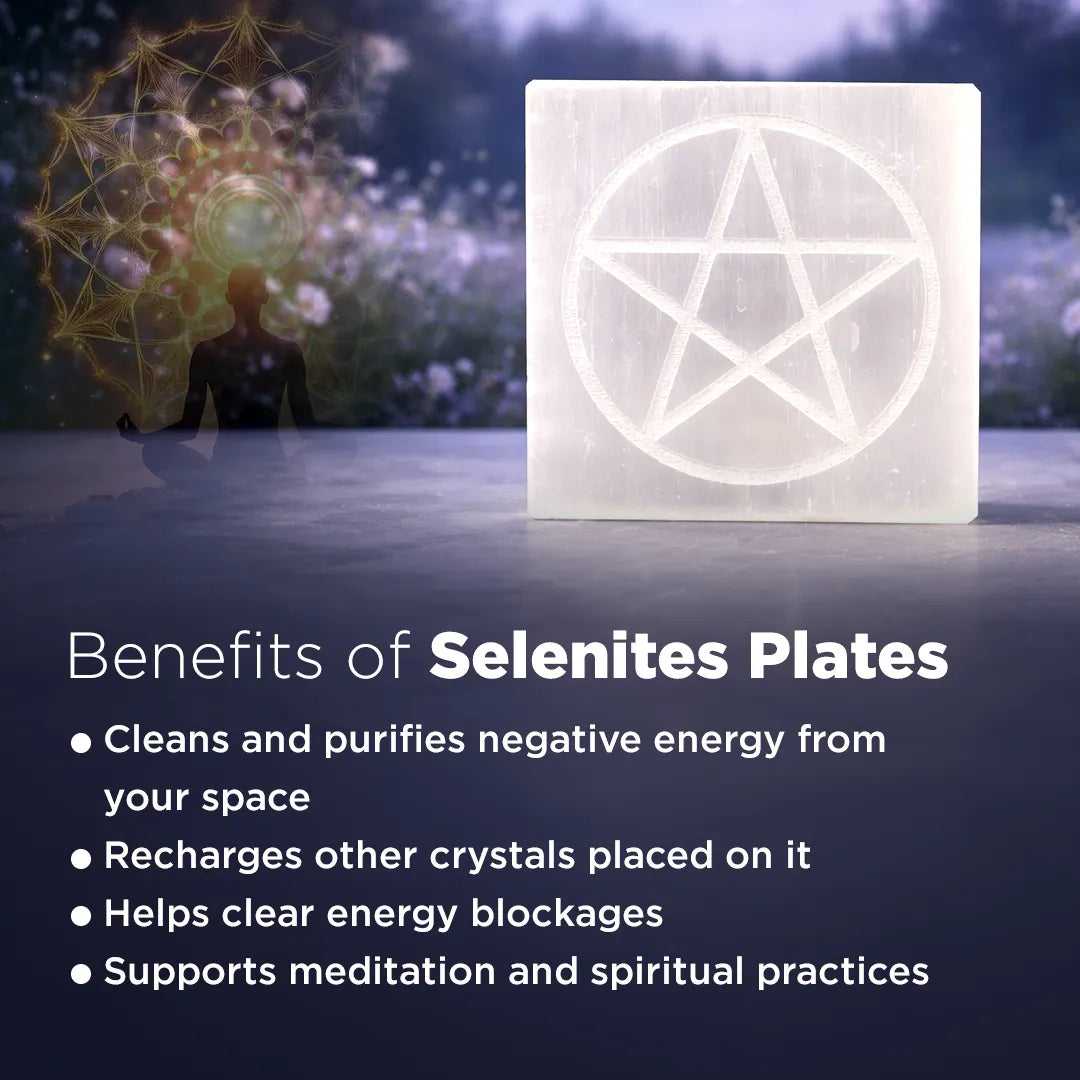 Selenite plate with pentagram design on a reflective surface, surrounded by blurred natural background.Selenite Star Plate Square – Energized Crystal Charging & Energy Cleansing Plate