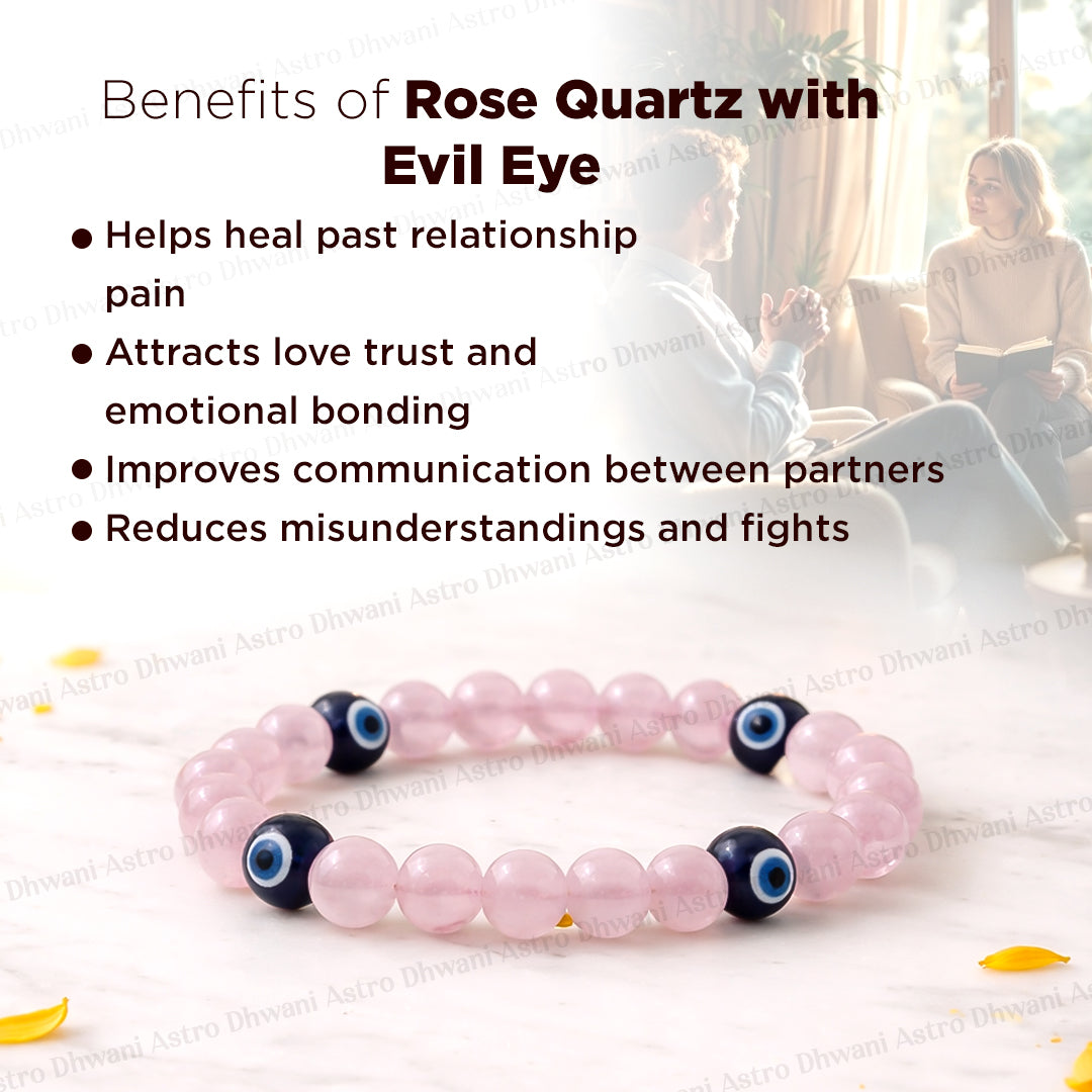 Love and Relationship Protect: Rose Quartz with Evil Eye Bracelet - Abhimantrit & Certified