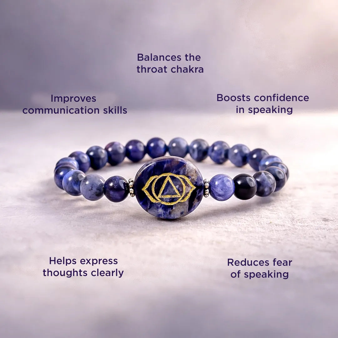 Blue beaded bracelet with a central emblem on a light gray background, featuring text about its benefits.Sodalite Throat Chakra Bracelet – Abhimantrit & Energized