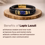 Black leather bracelet with gold and lapis lazuli stones on a wooden stand, with text about lapis lazuli benefits.