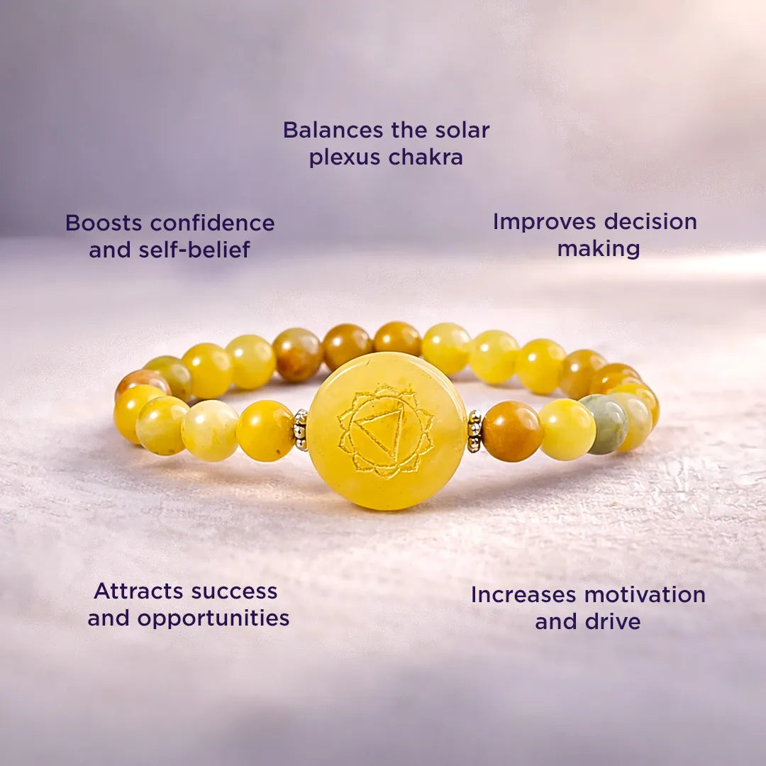 Yellow beaded bracelet with a central yellow disc on a light background, featuring text about its benefits.Yellow Aventurine Solar Plexus Chakra Bracelet – Abhimantrit & Energized