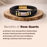 Black and gold braided bracelet on a wooden stand with text about rose quartz benefits.