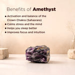 Amethyst crystal with benefits listed on a beige background