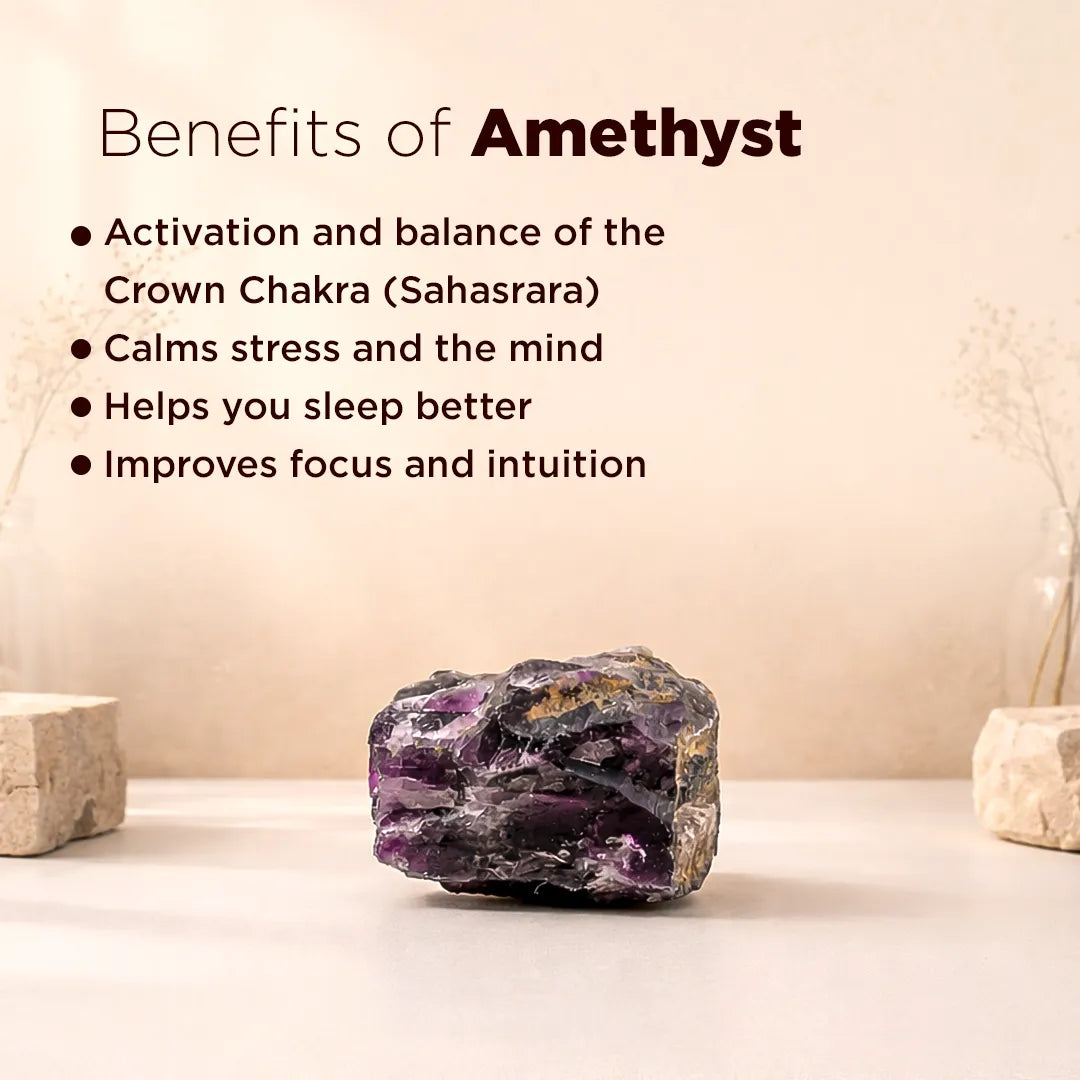 Amethyst crystal with benefits listed on a beige backgroundRough Natural Amethyst Stone – Certified Raw Healing & Calmness Crystal