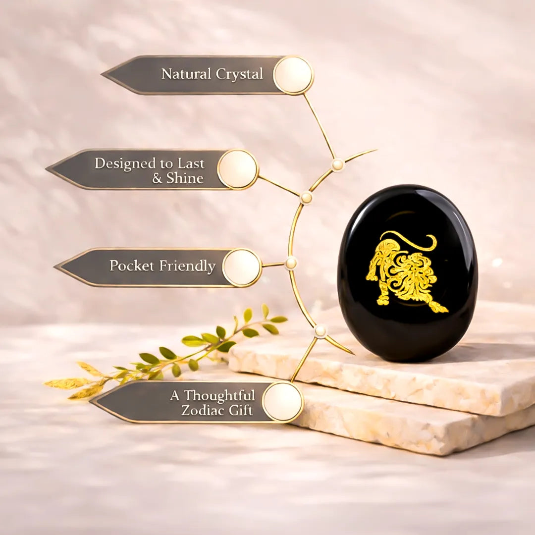 Black crystal stone with gold lion design on a beige background, featuring text about its qualities.Leo Zodiac Sign Coin – Abhimantrit Astrology Coin for Confidence