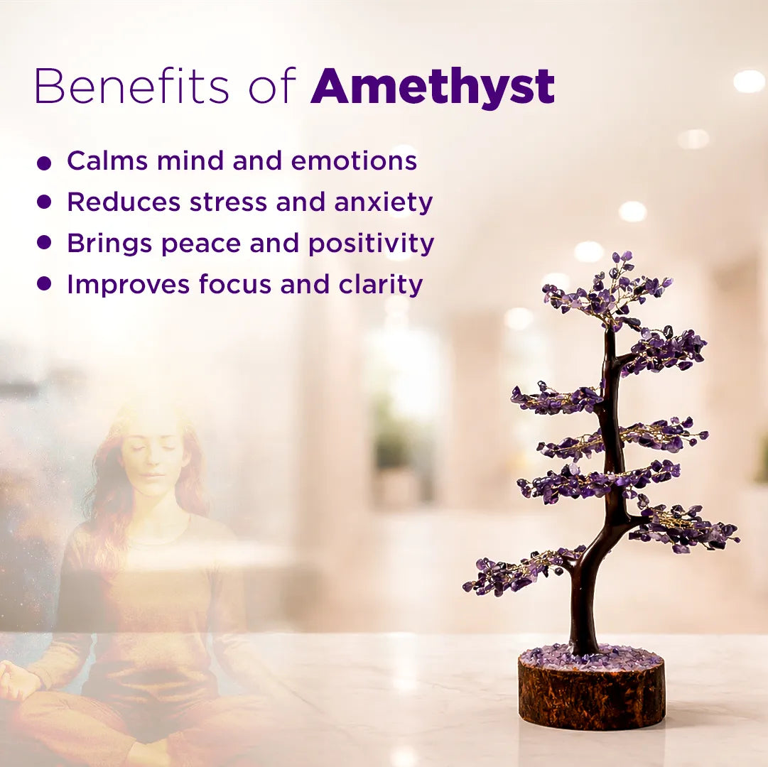 Amethyst crystal tree with benefits listed on a blurred background of a person meditating.