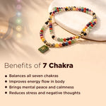 Colorful beaded bracelet with a green pendant on a beige background, featuring text about the benefits of 7 Chakra.