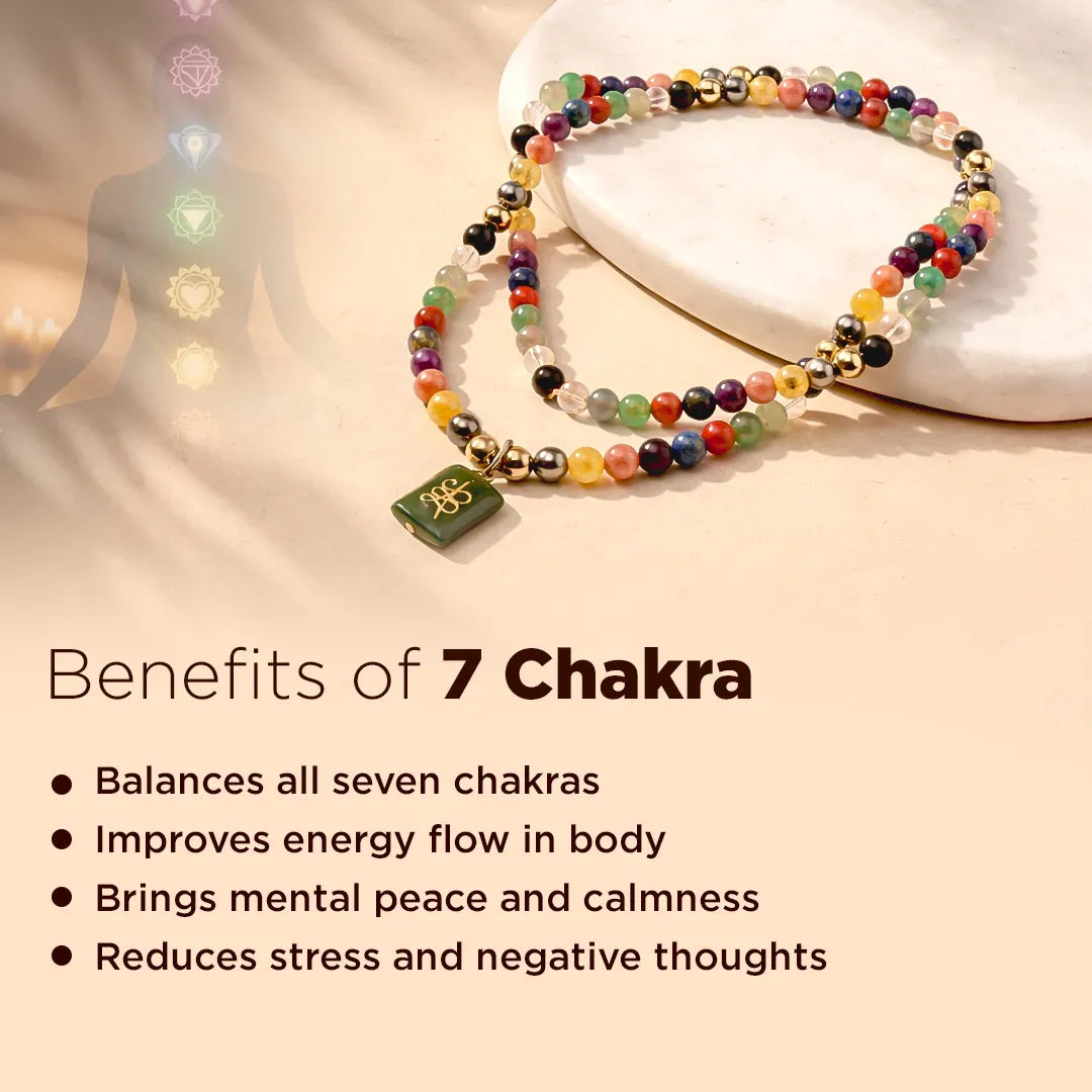 Colorful beaded bracelet with a green pendant on a beige background, featuring text about the benefits of 7 Chakra.
