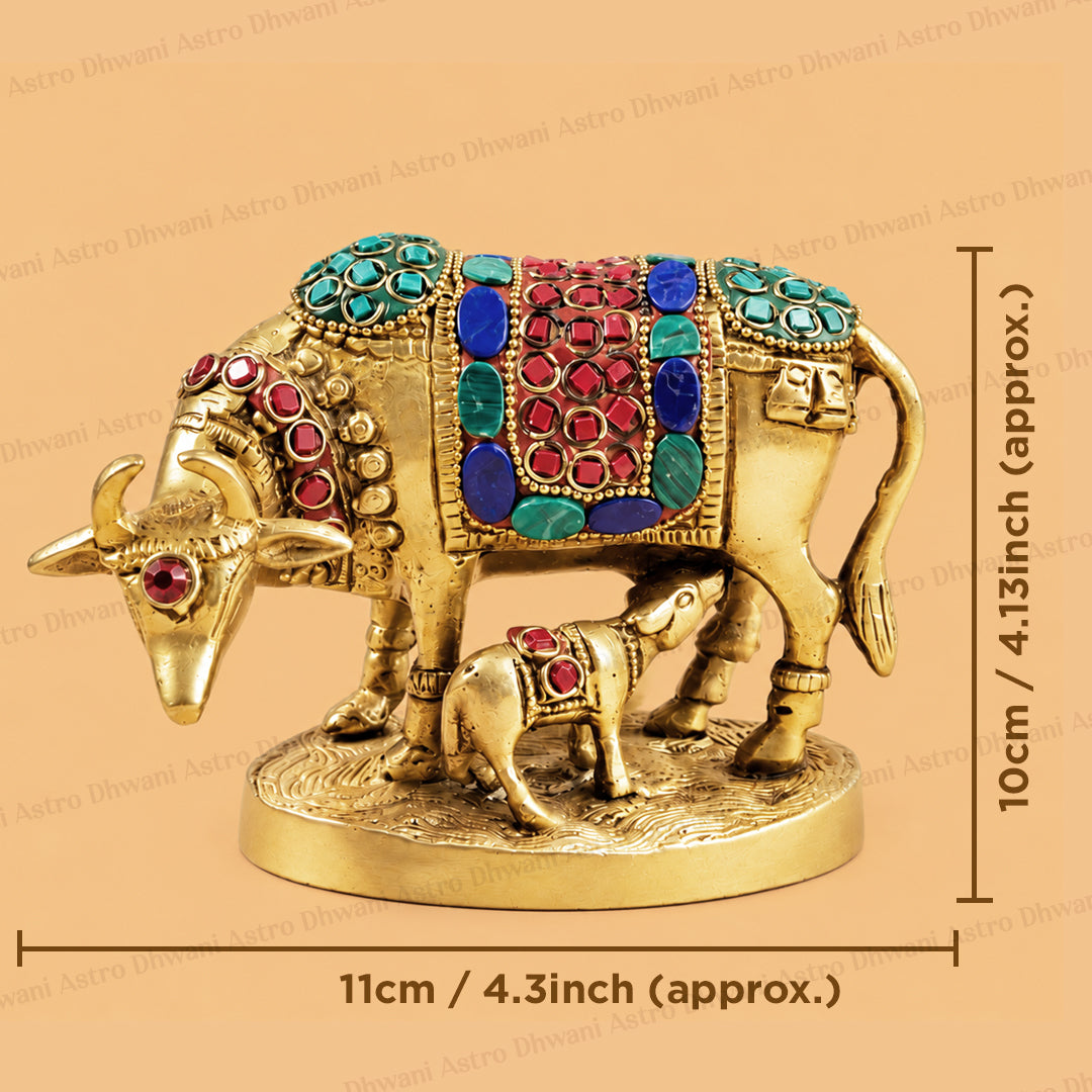 Brass Kaam Dhenu Cow With Calf (Stonework) - Abhimantrit