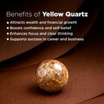 Yellow quartz crystal on a brown background with text listing benefits