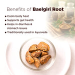 Baelgiri root in a glass bowl with benefits listed on a white background