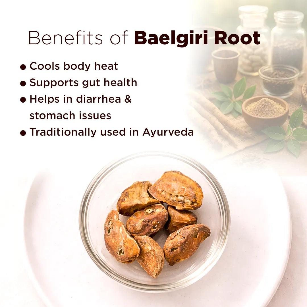 Baelgiri root in a glass bowl with benefits listed on a white backgroundBaelgiri Root – Spiritual Strength, Stability & Protective Energy Remedy