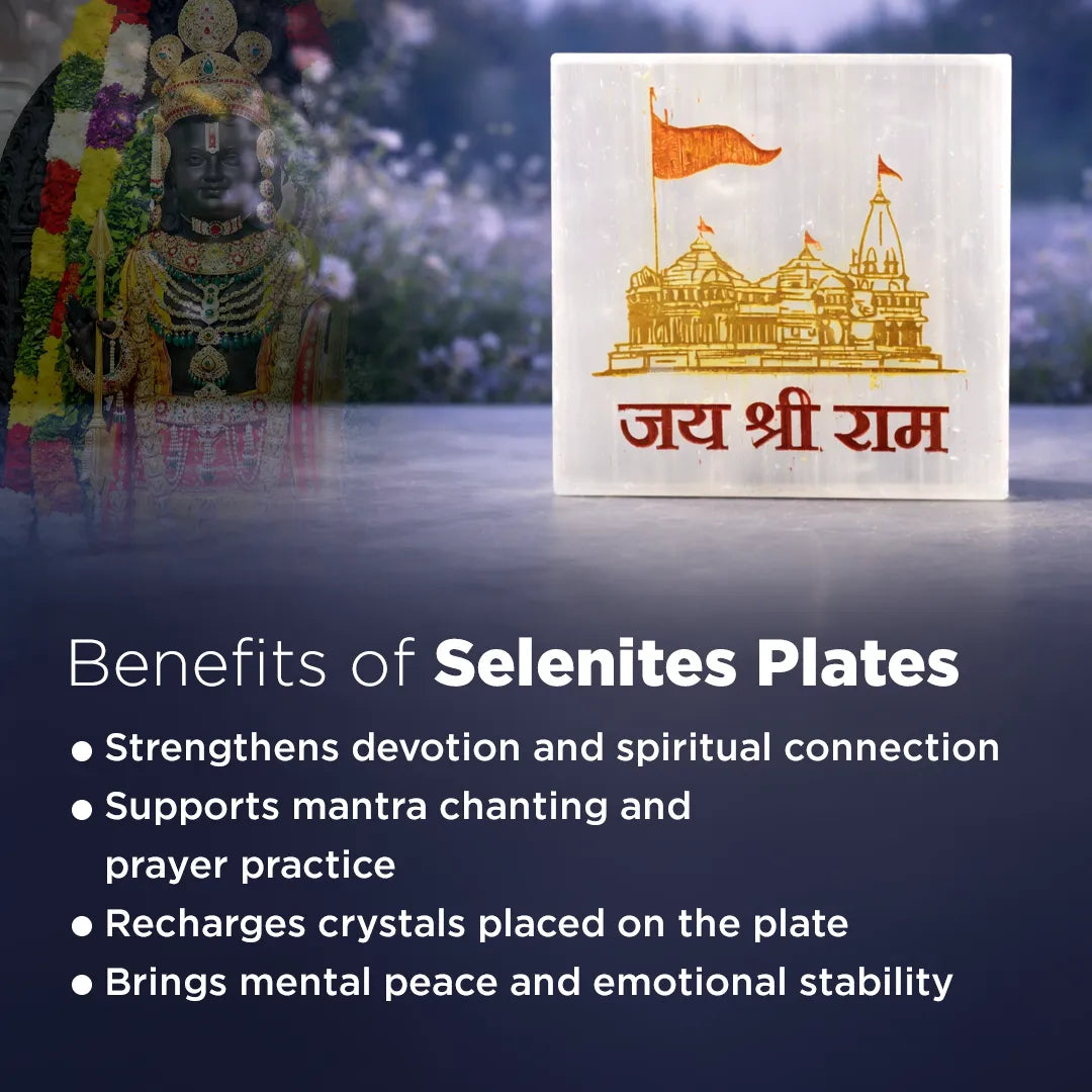 Selenites plate with temple design and text, blurred statue in the background