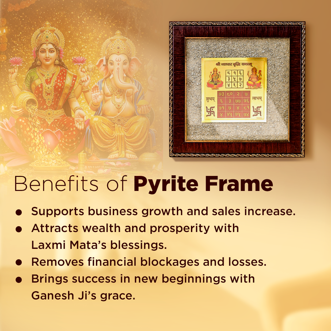 Pyrite frame with Laxmi Mata and Ganesh Ji images on a beige background