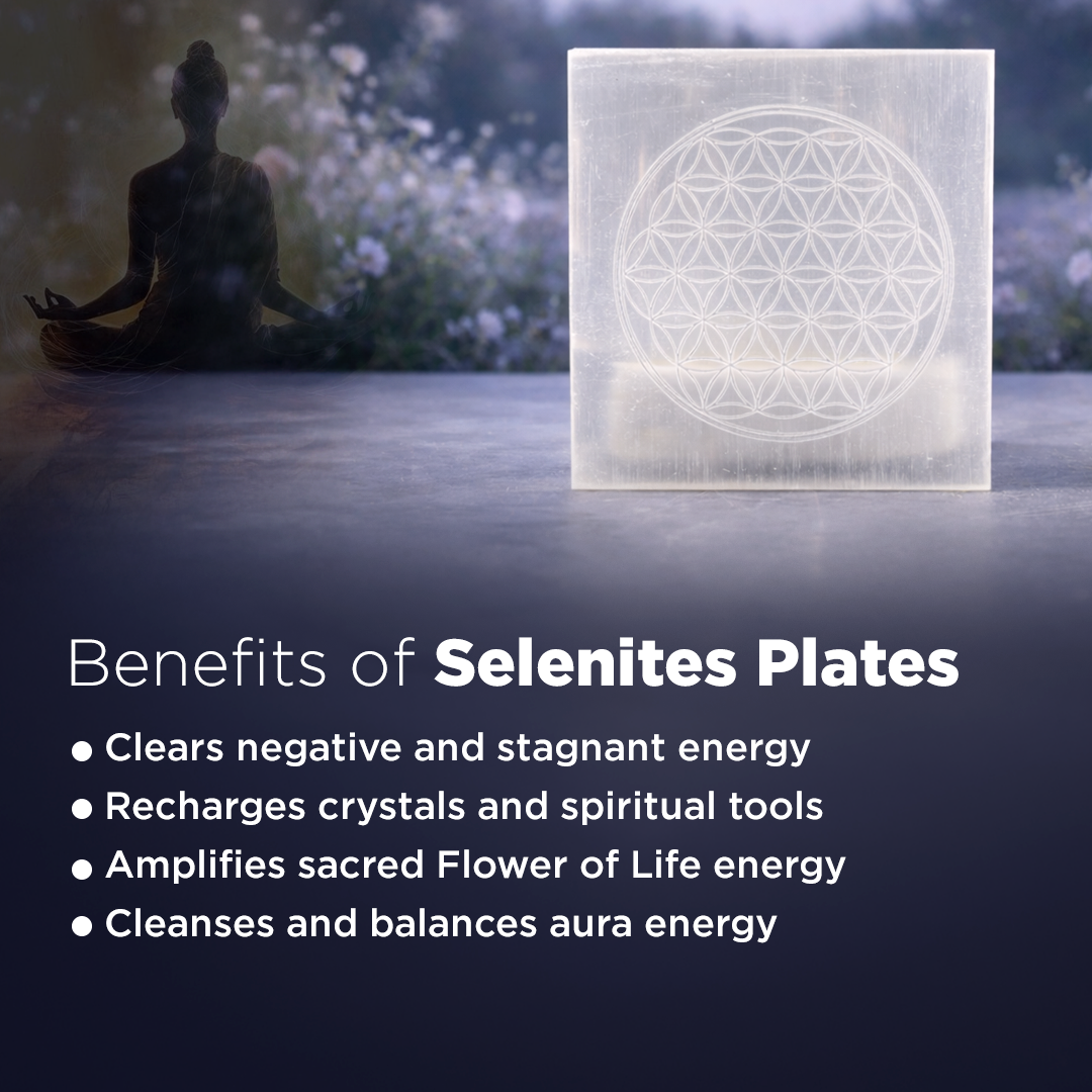 Selenite plate with a Flower of Life design on a dark surface, with a person meditating in the background.Flower of Life Selenite Plate - Energy Cleansing & Crystal Charging Plate