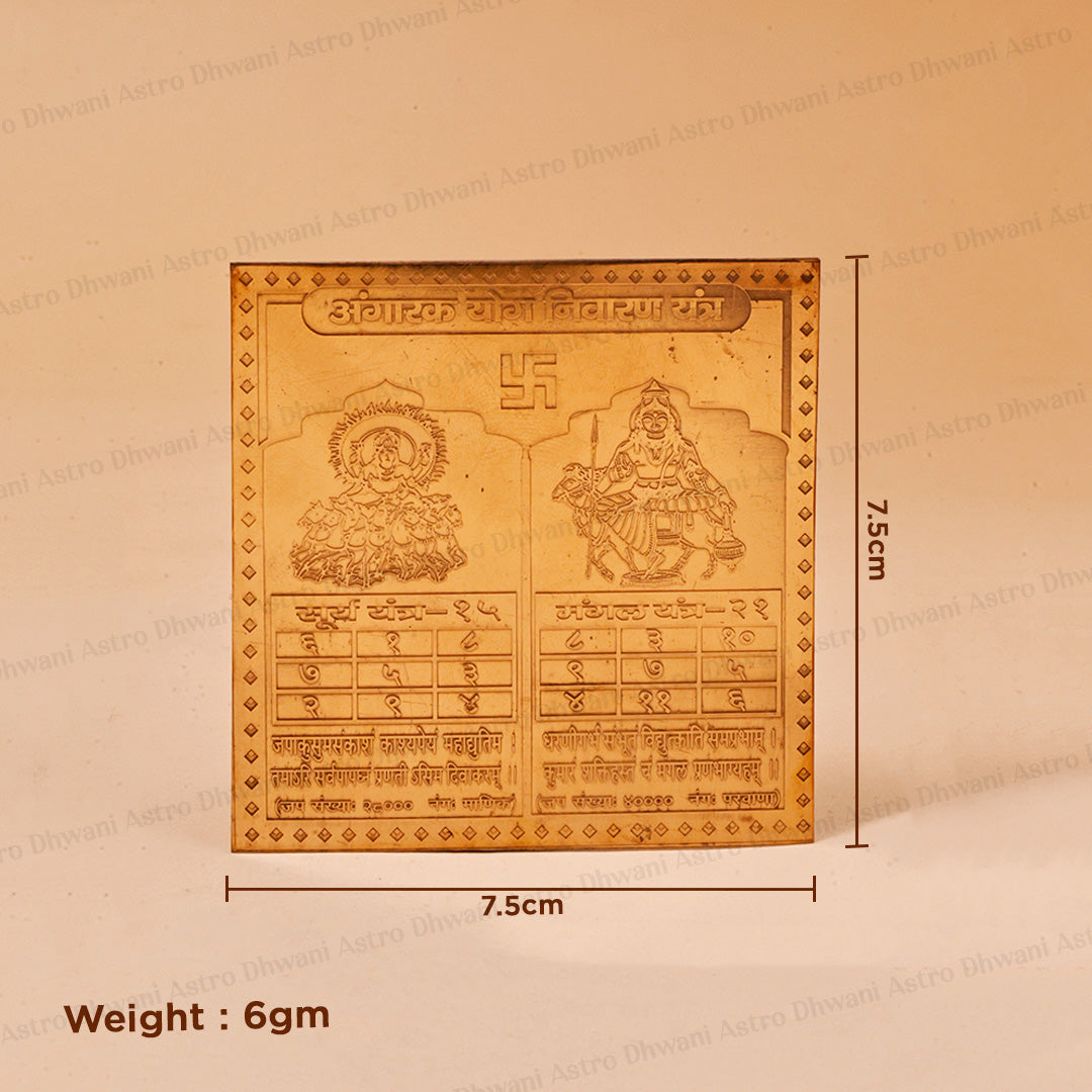 A square metallic gold-colored Hindu calendar plaque with Devanagari text and deity illustrations, shown on a beige background with dimension markers of 7.5cm by 7.Angarak Yog Nivaran Yantra | Mangal Dosha Yantra | Vedic Puja Yantra for Home