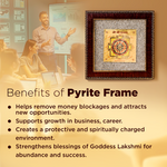 Framed pyrite on a wall with people in a meeting and text about its benefits.