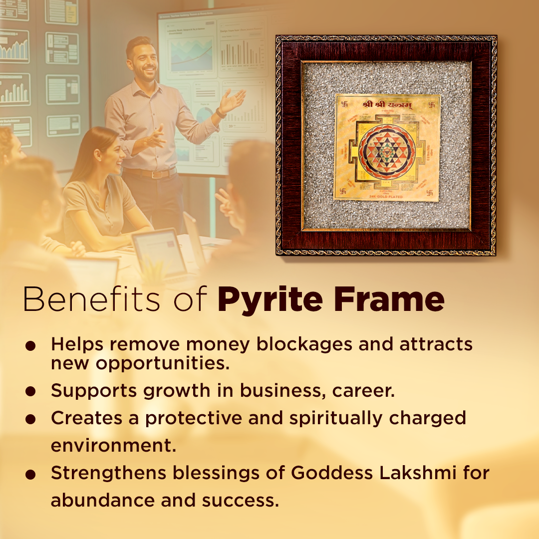 Framed pyrite on a wall with people in a meeting and text about its benefits.Shri Shri Yantra Raw Pyrite Frame - Wealth & Prosperity Energy Frame