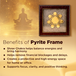 Pyrite frame with benefits listed on a gold background
