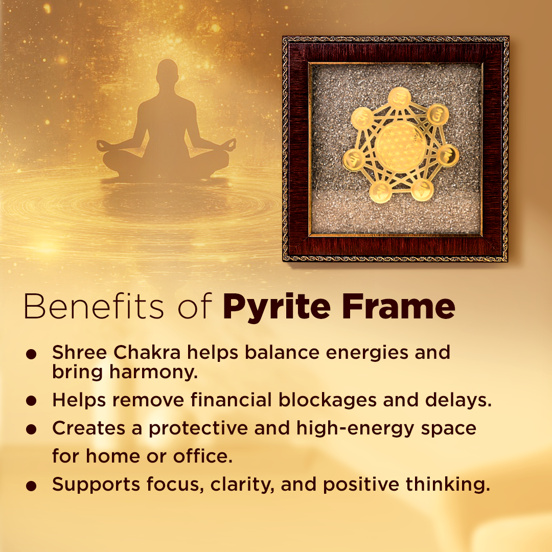 Pyrite frame with benefits listed on a gold backgroundShree Chakra Raw Pyrite Frame - Wealth & Abundance Energy Frame